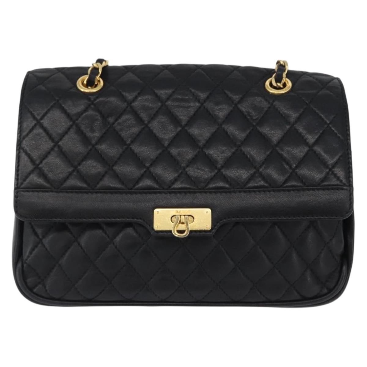 BALLY Chain Shoulder Bag Leather Black Gold Auth BA10906