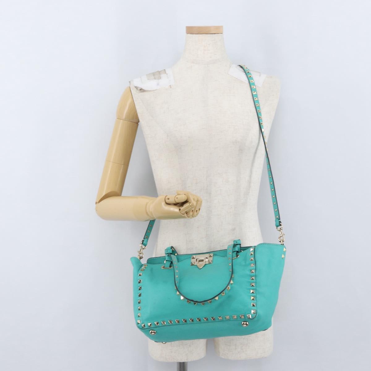 VALENTINO Rock Studs Hand Bag Leather 2way Green Gold Auth BA10926