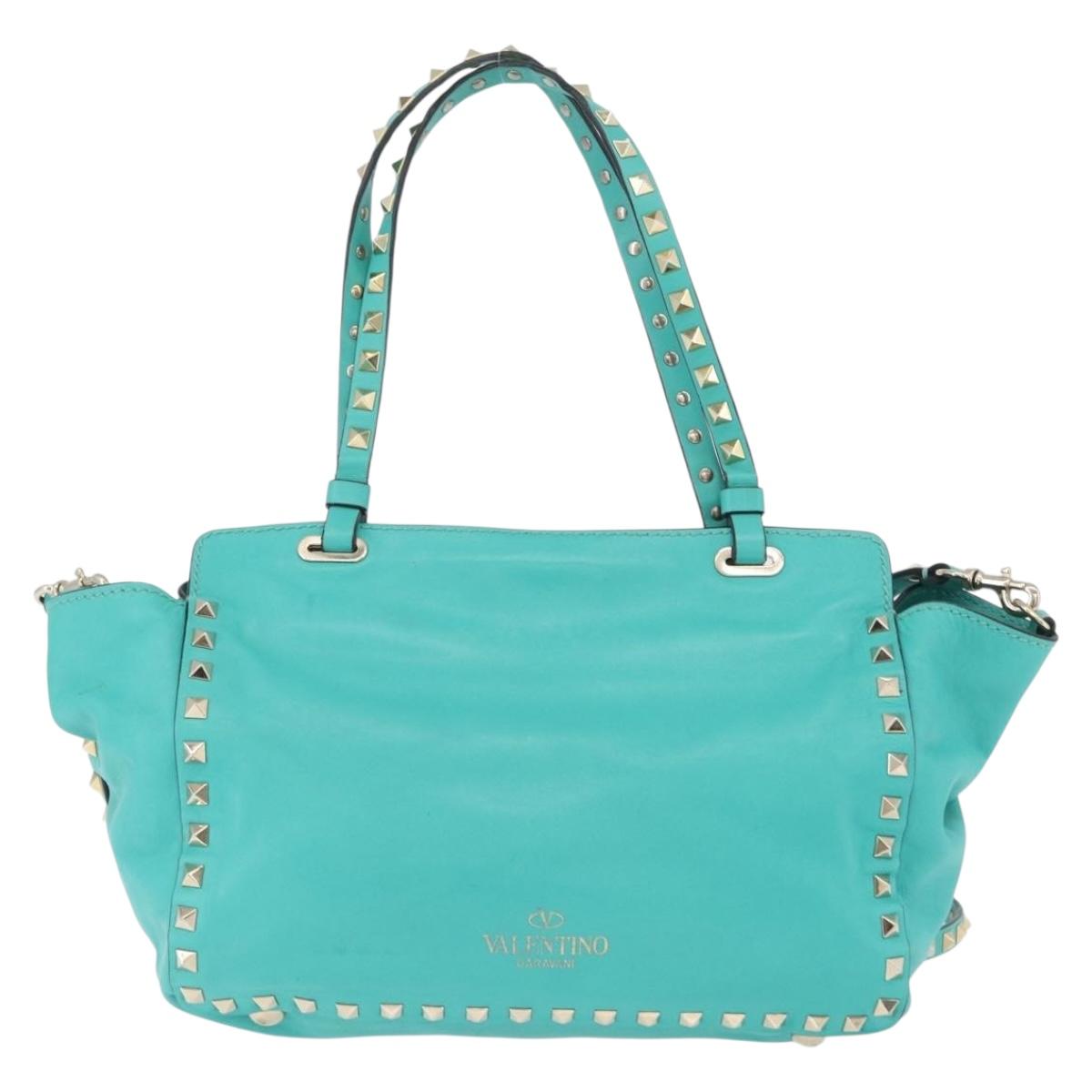 VALENTINO Rock Studs Hand Bag Leather 2way Green Gold Auth BA10926