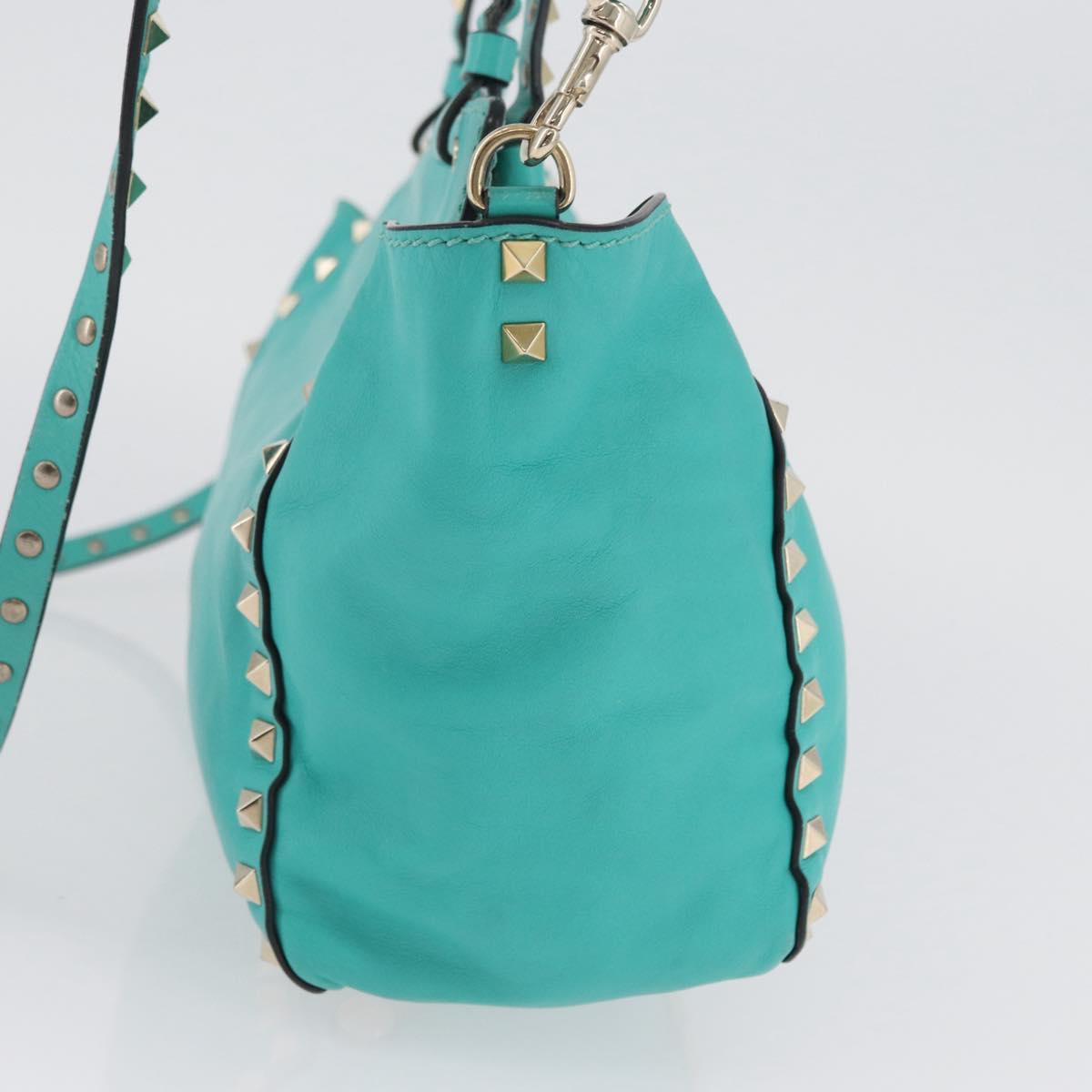 VALENTINO Rock Studs Hand Bag Leather 2way Green Gold Auth BA10926