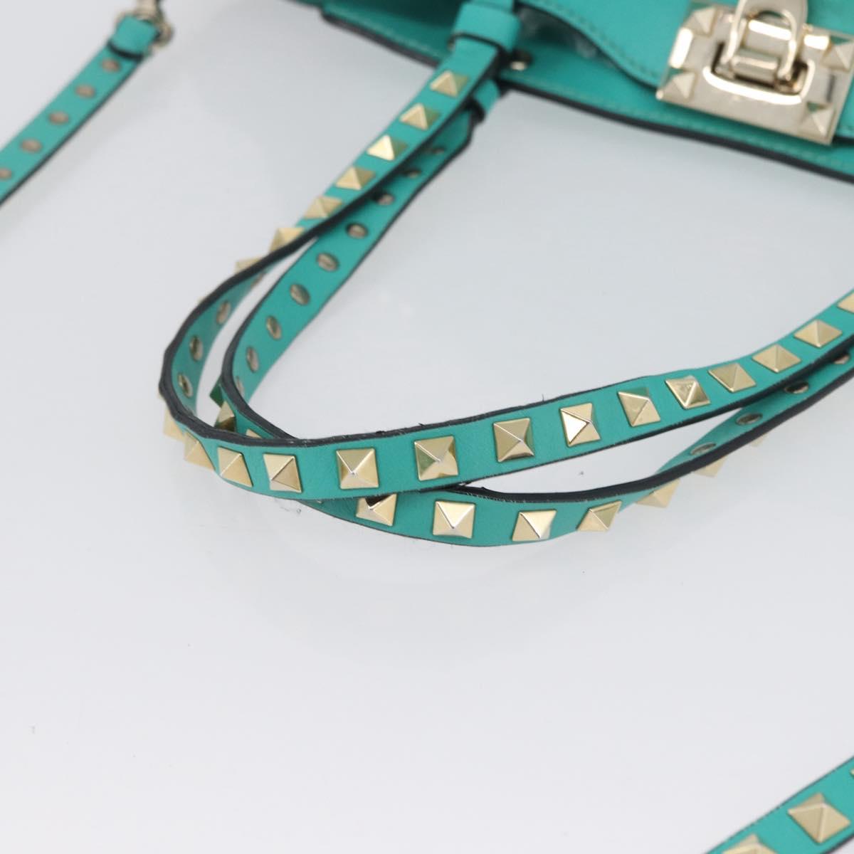 VALENTINO Rock Studs Hand Bag Leather 2way Green Gold Auth BA10926