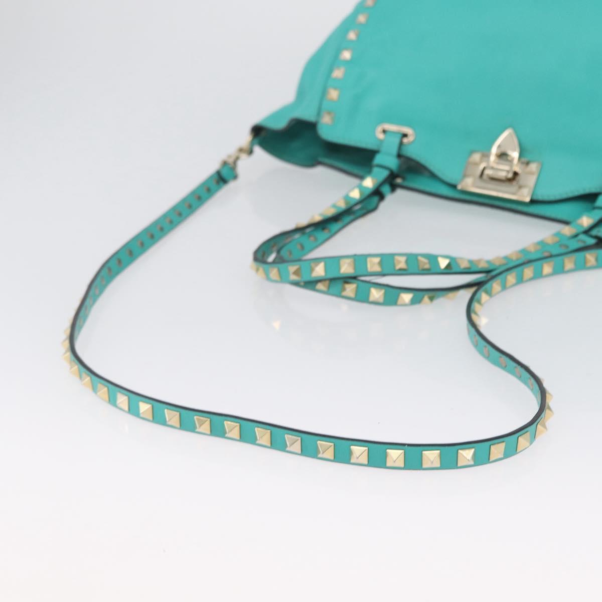 VALENTINO Rock Studs Hand Bag Leather 2way Green Gold Auth BA10926