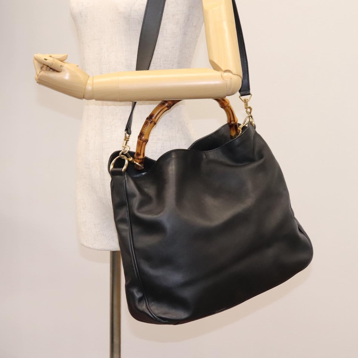 GUCCI Bamboo Hand Bag Leather 2way Black Gold 001 1781 1577 0 Auth BA1094