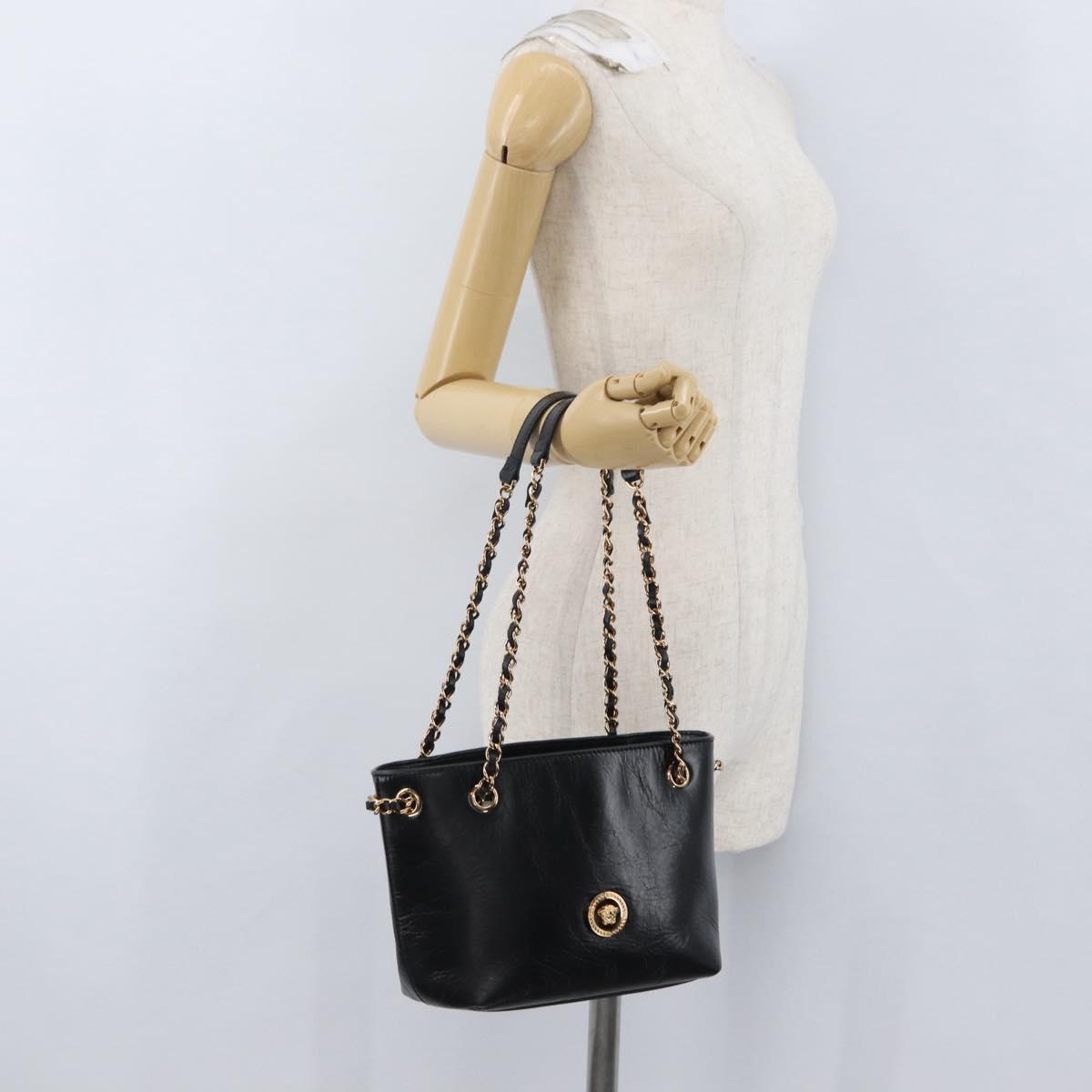 BOTTEGA VENETA Chain Tote Bag Leather Black Gold Auth BA10943