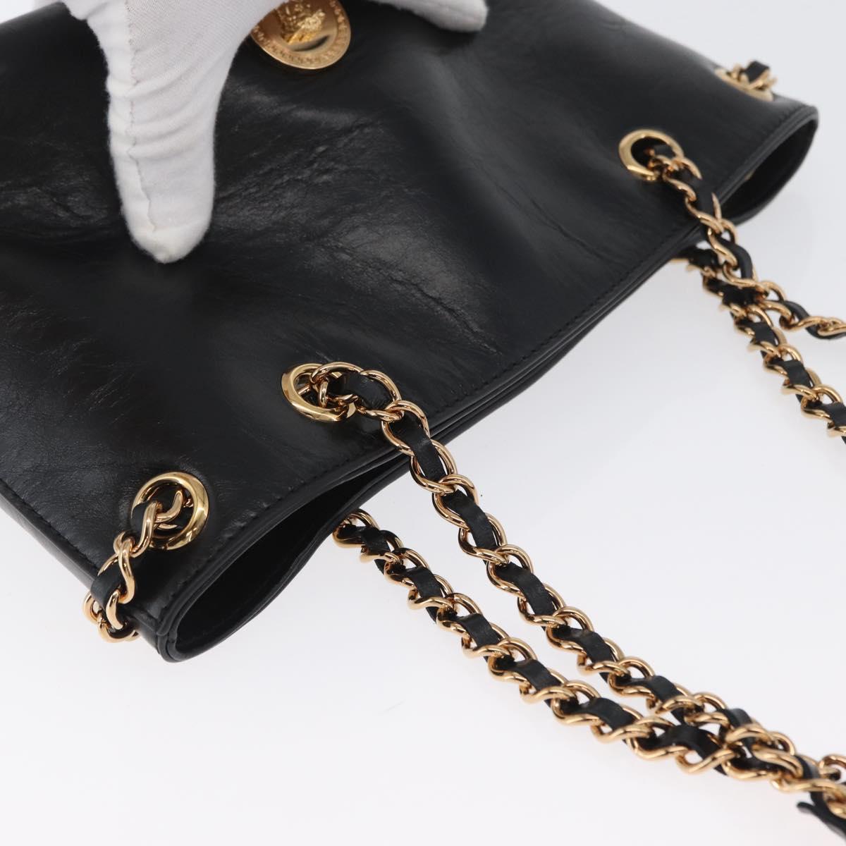 BOTTEGA VENETA Chain Tote Bag Leather Black Gold Auth BA10943