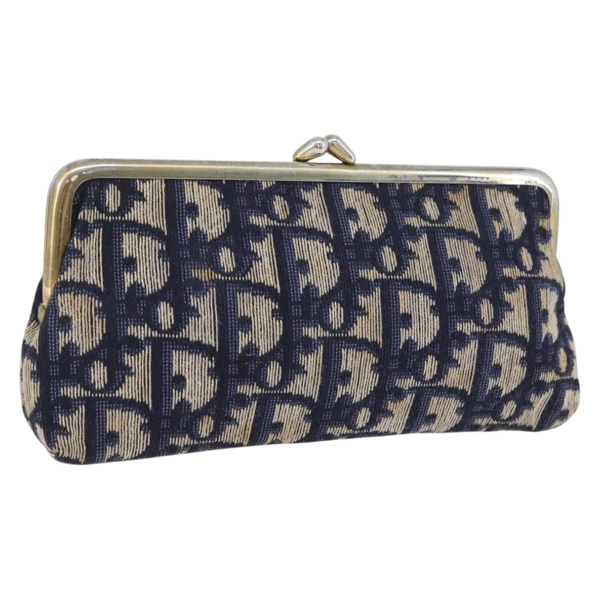 Christian Dior Trotter Canvas Gamaguchi Pouch Navy Gold Auth BA10970