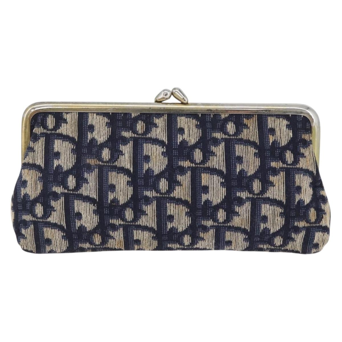 Christian Dior Trotter Canvas Gamaguchi Pouch Navy Gold Auth BA10970