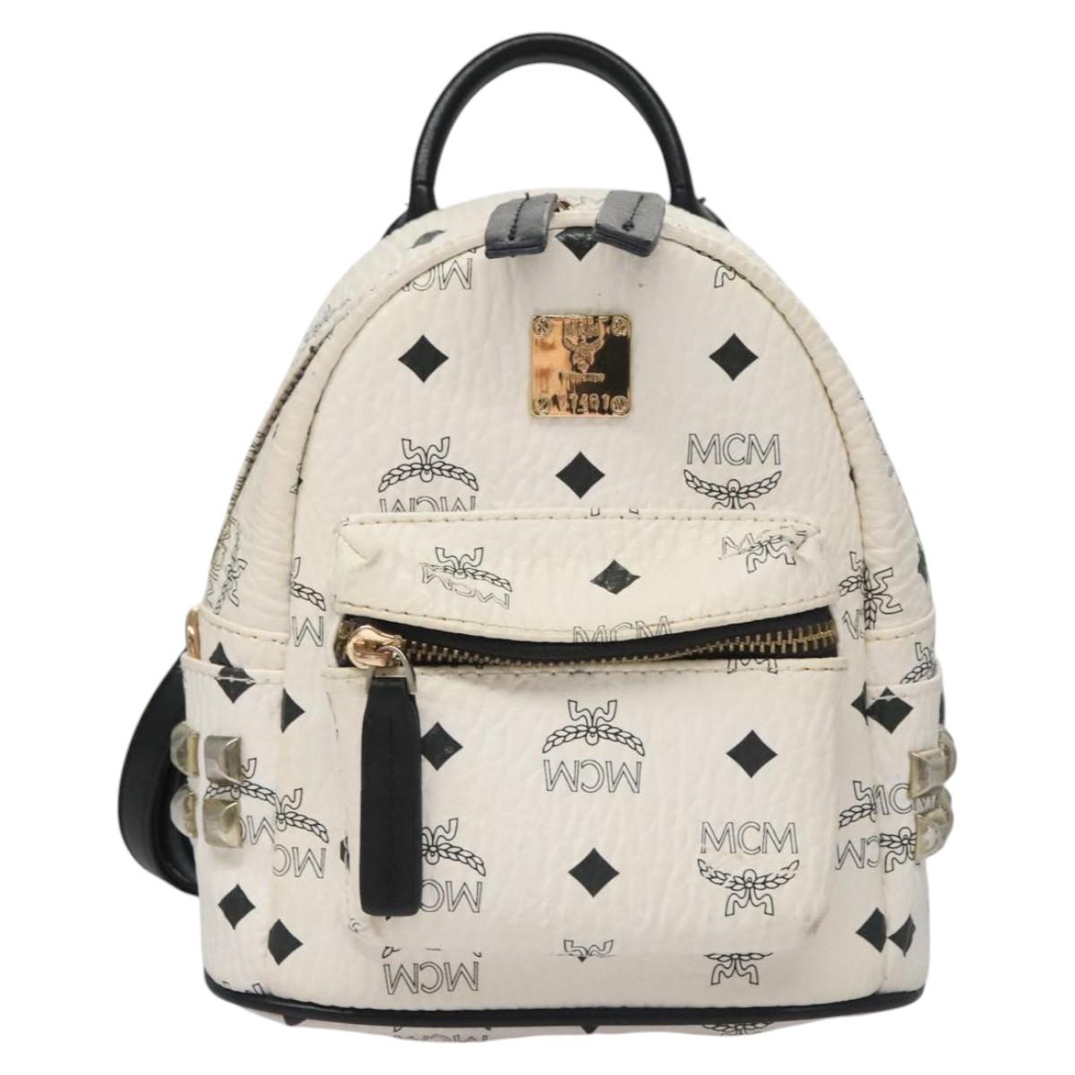 MCM Vicetos Logogram Backpack PVC Leather White Navy gold Auth BA110