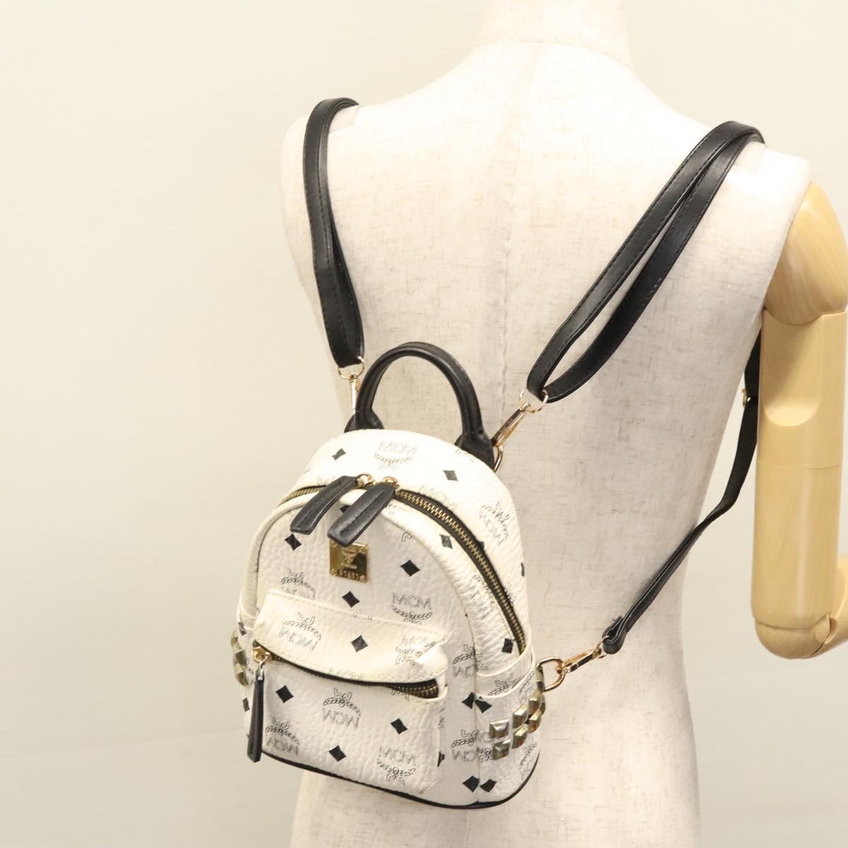 MCM Vicetos Logogram Backpack PVC Leather White Navy gold Auth BA110