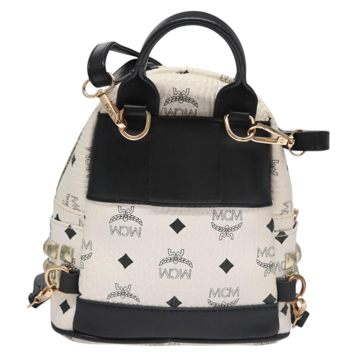 MCM Vicetos Logogram Backpack PVC Leather White Navy gold Auth BA110