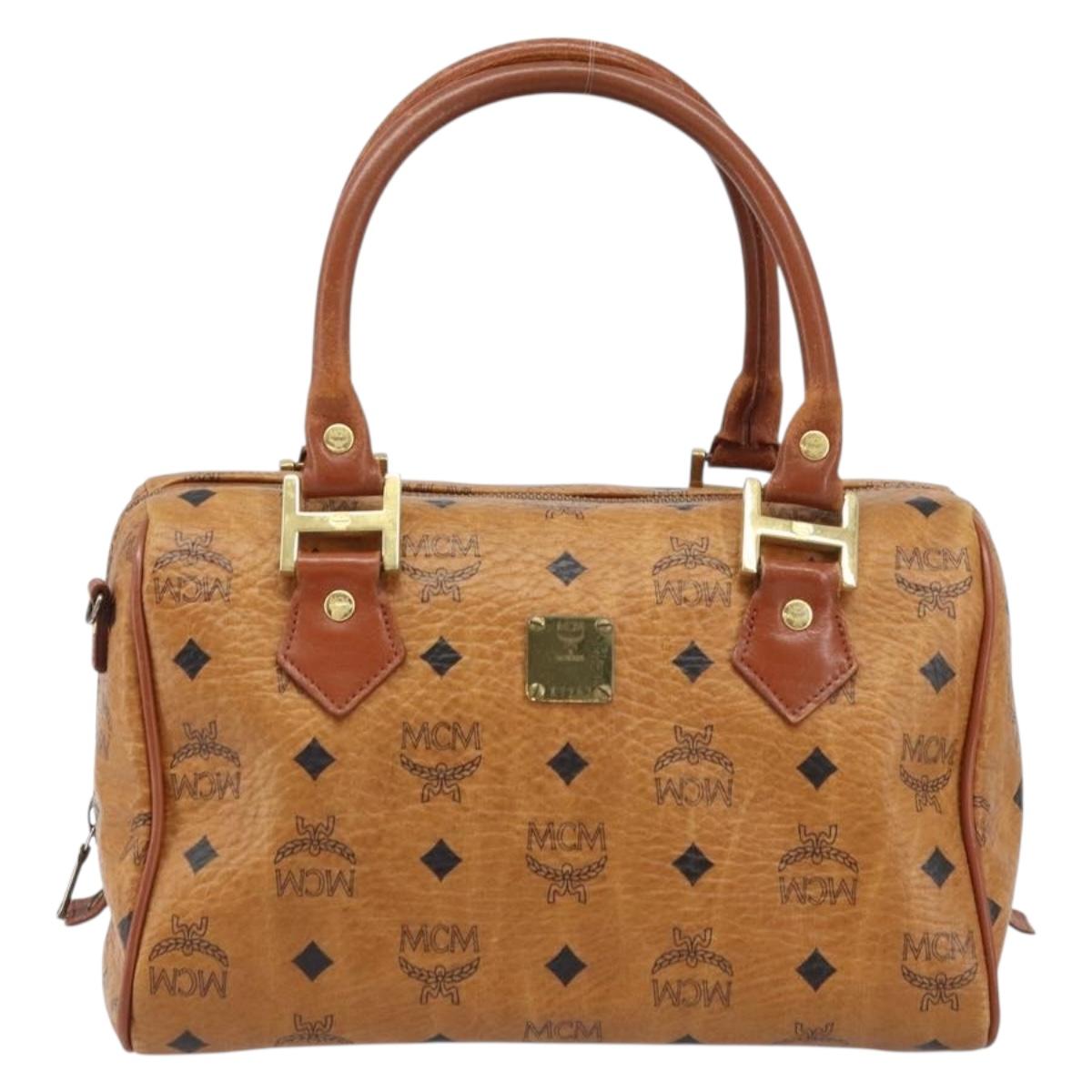 MCM Vicetos Logogram Boston Bag PVC Leather Brown Gold Auth BA11007