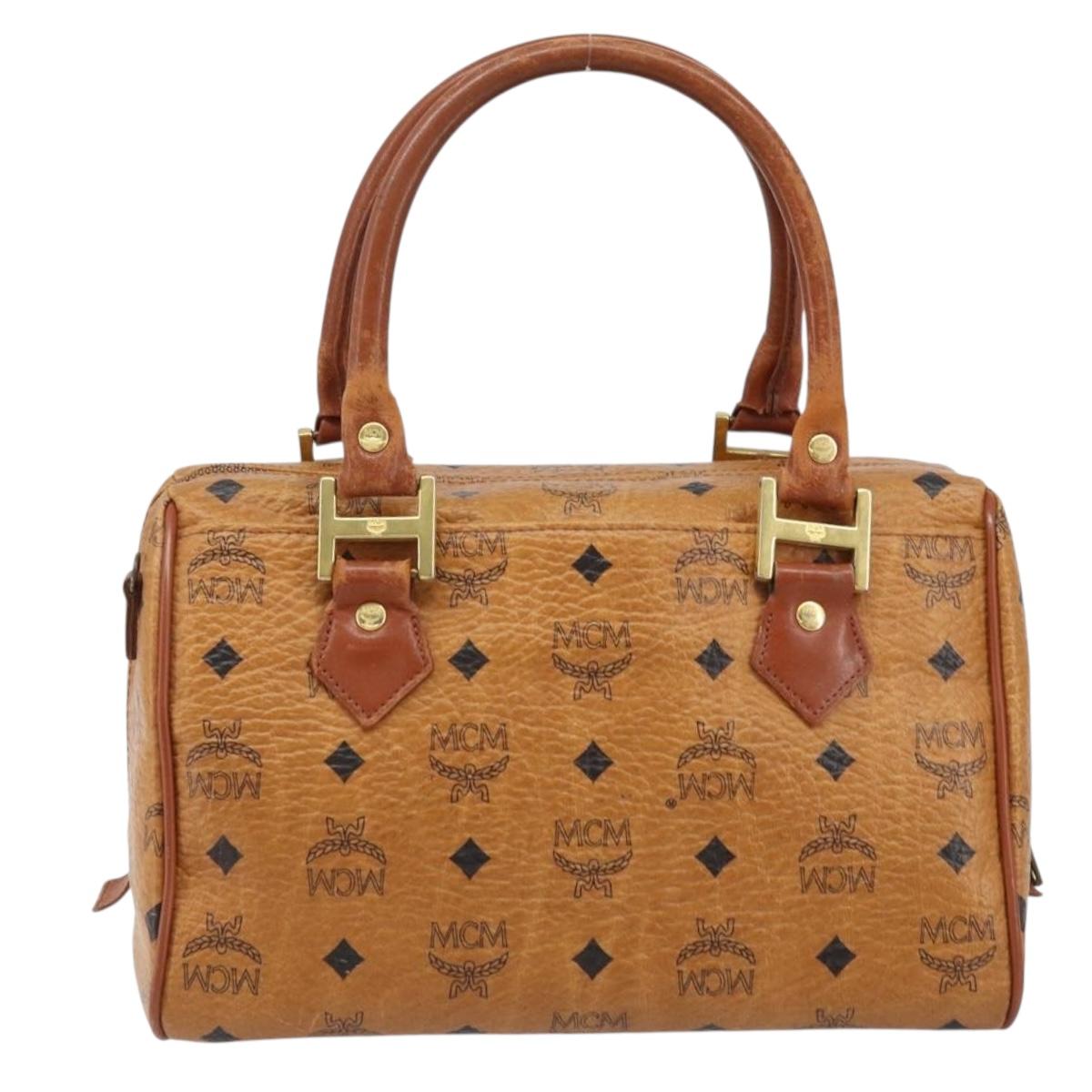 MCM Vicetos Logogram Boston Bag PVC Leather Brown Gold Auth BA11007