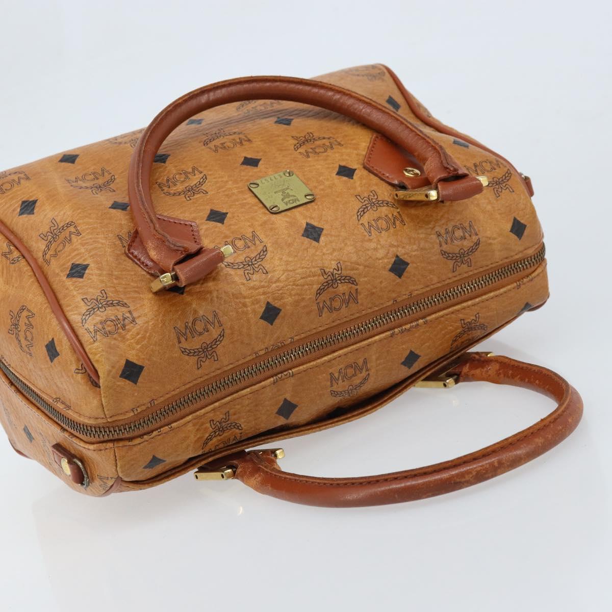 MCM Vicetos Logogram Boston Bag PVC Leather Brown Gold Auth BA11007
