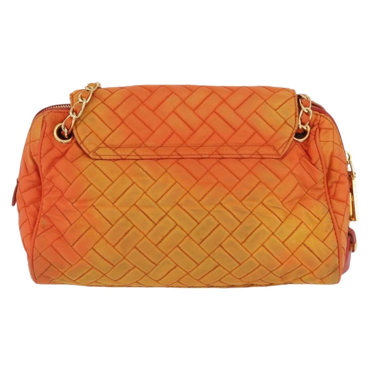 PRADA Quilted Chain Shoulder Bag Nylon Orange Gold Auth BA11028