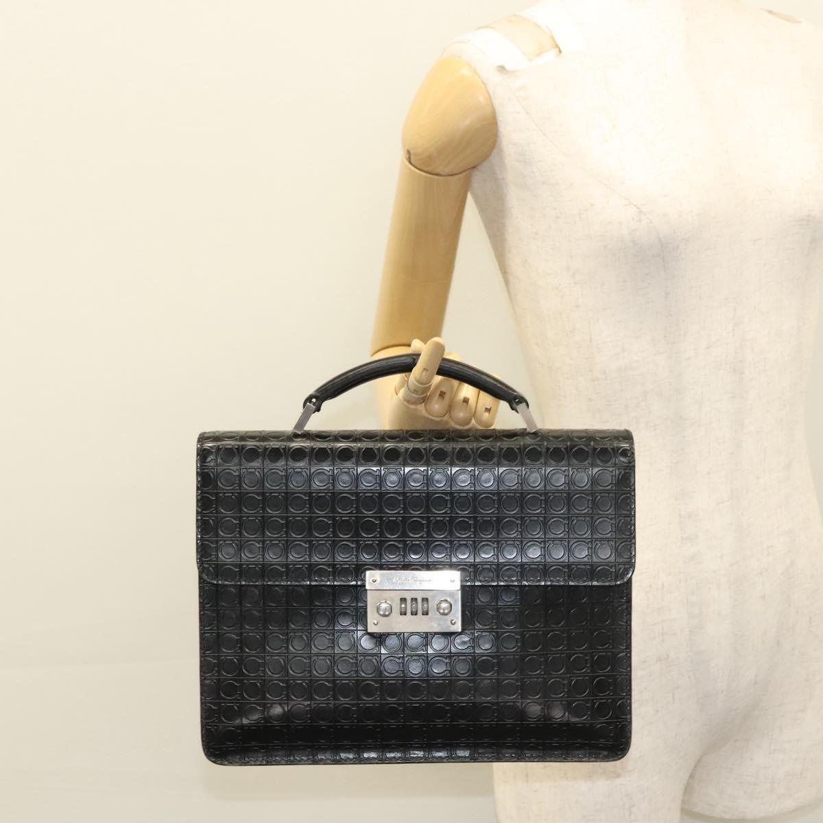 Salvatore Ferragamo Gancini Hand Bag Leather Black Silver Auth BA1103
