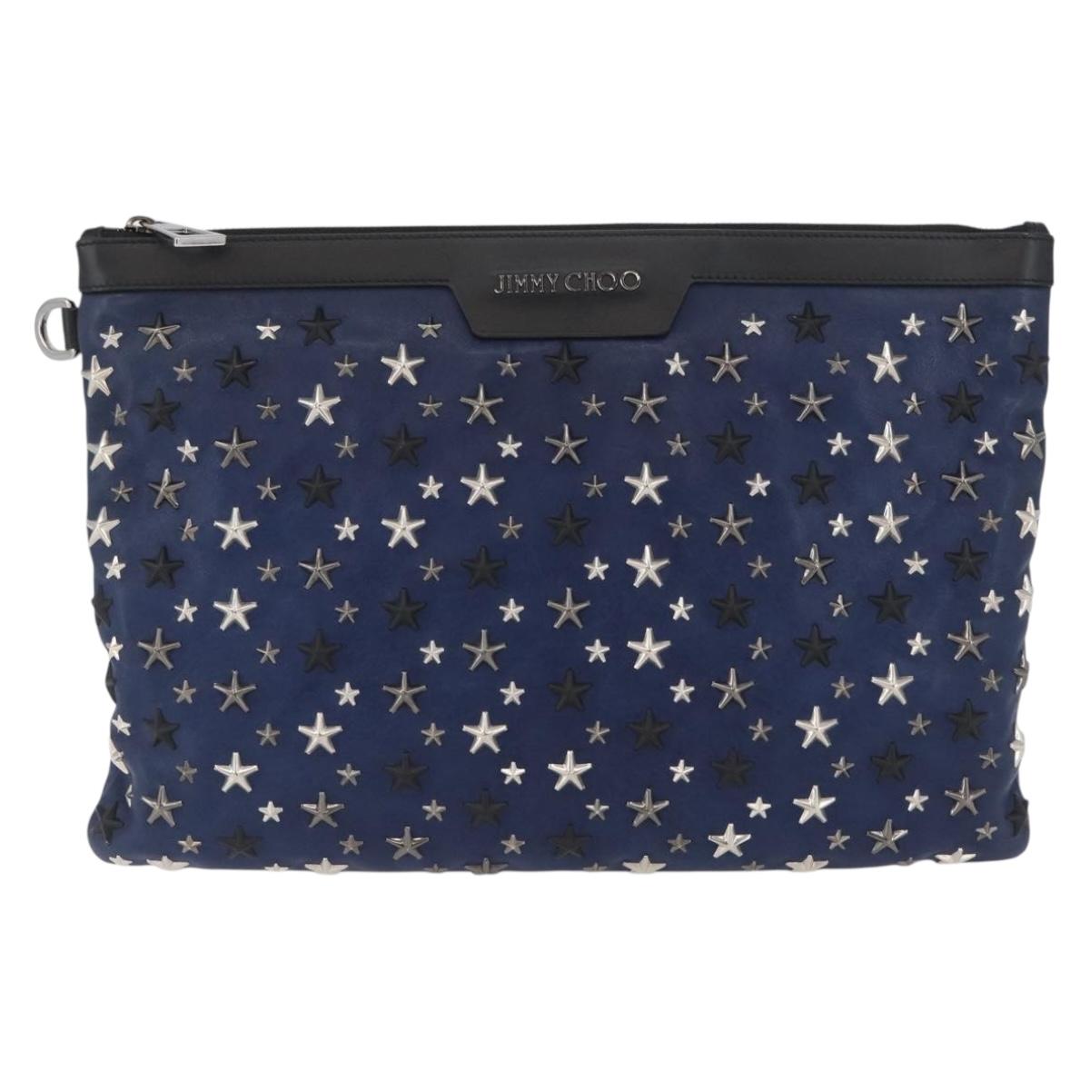 Jimmy Choo Studs Clutch Bag Leather Navy Silver Auth BA11032