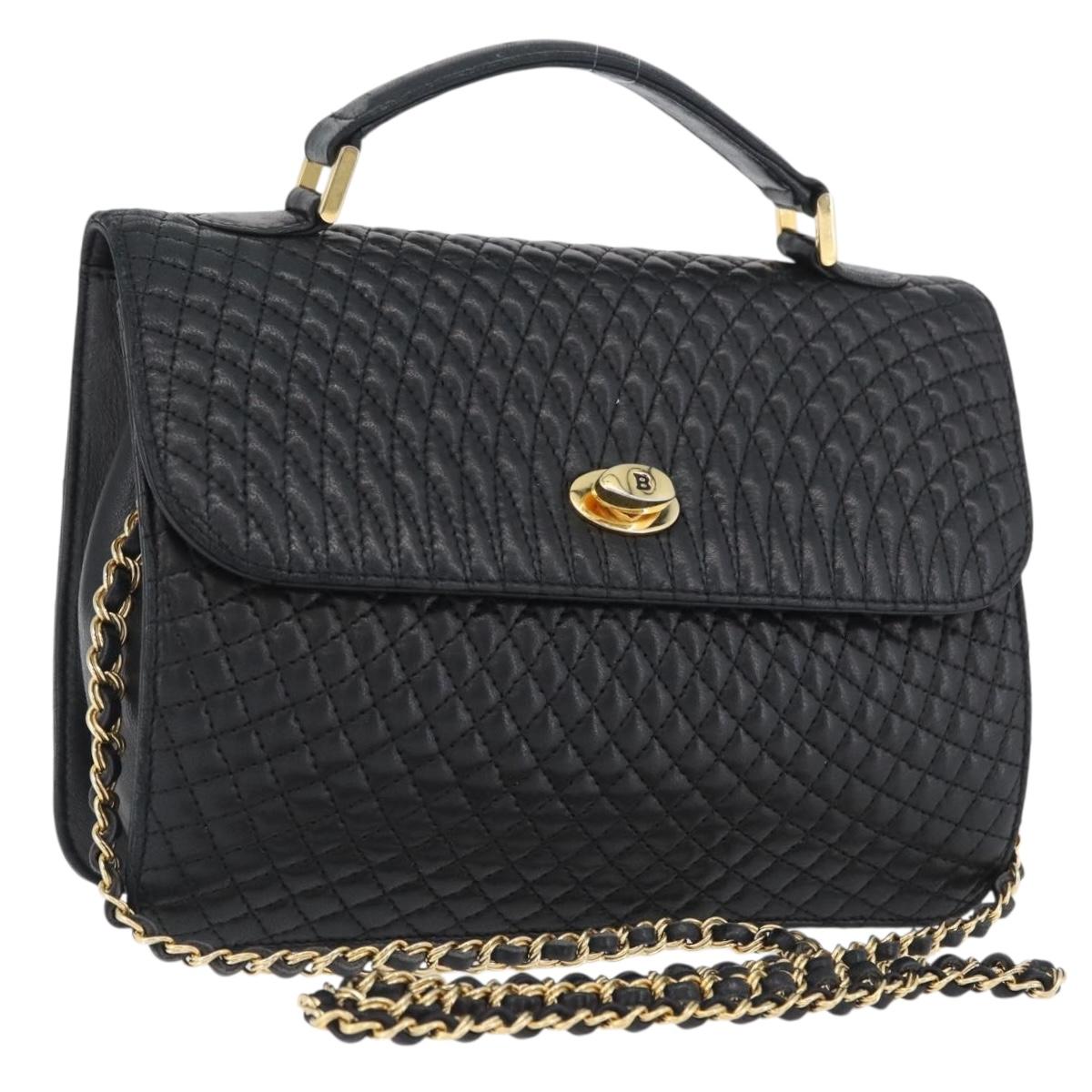 BALLY Quilted Chain Shoulder Bag Leather 2way Black Gold Auth BA11038