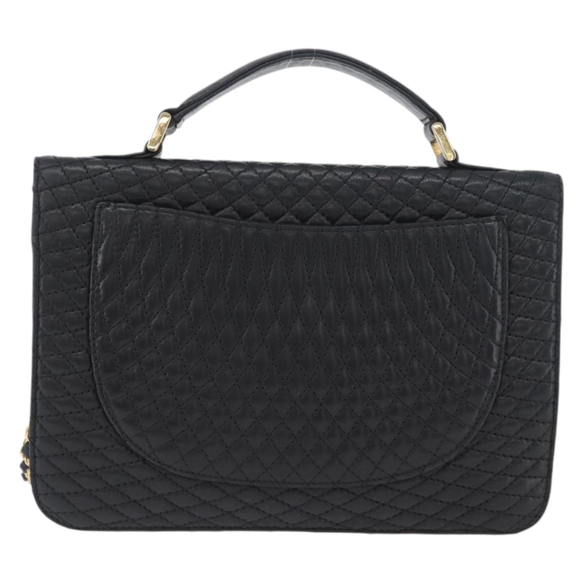 BALLY Quilted Chain Shoulder Bag Leather 2way Black Gold Auth BA11038