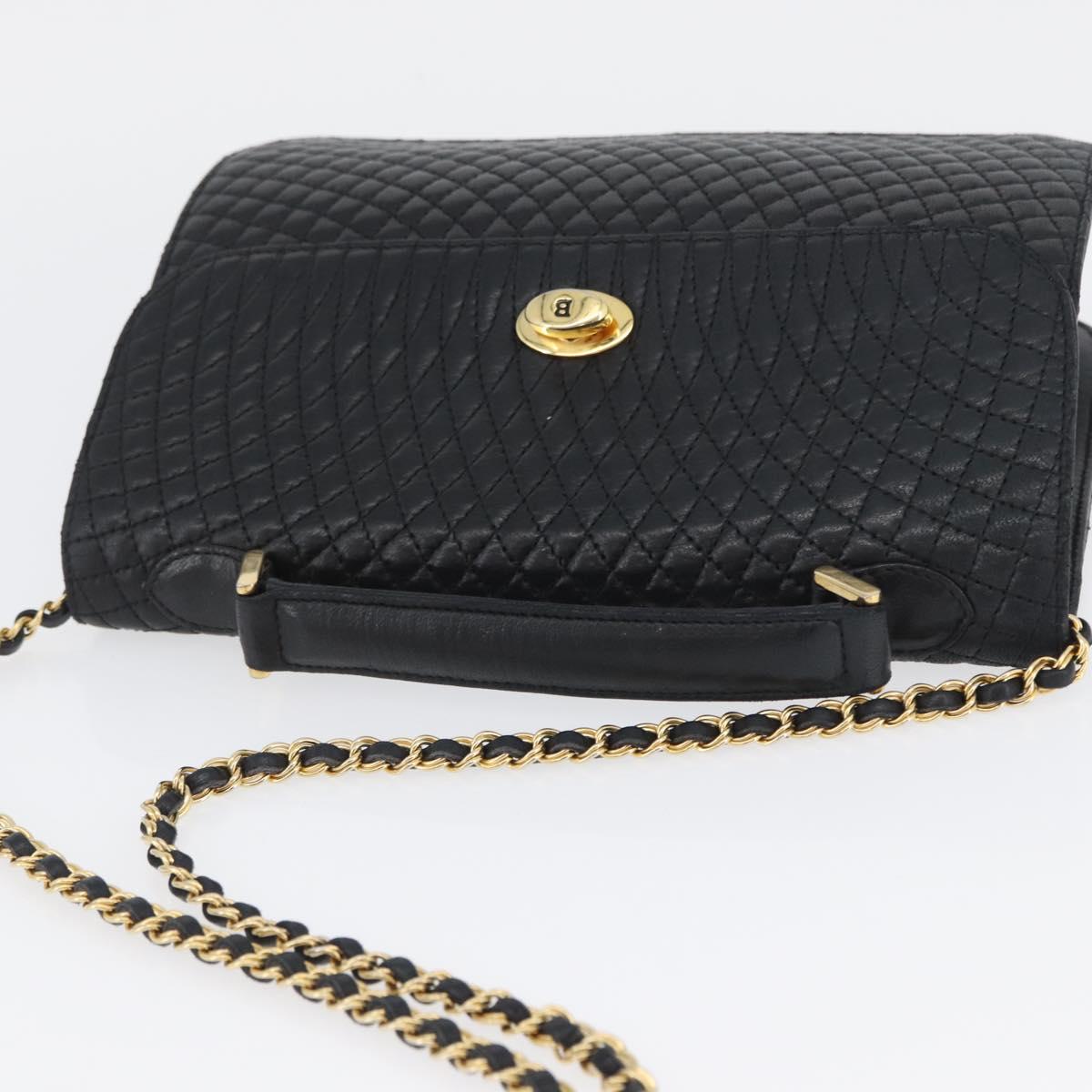 BALLY Quilted Chain Shoulder Bag Leather 2way Black Gold Auth BA11038