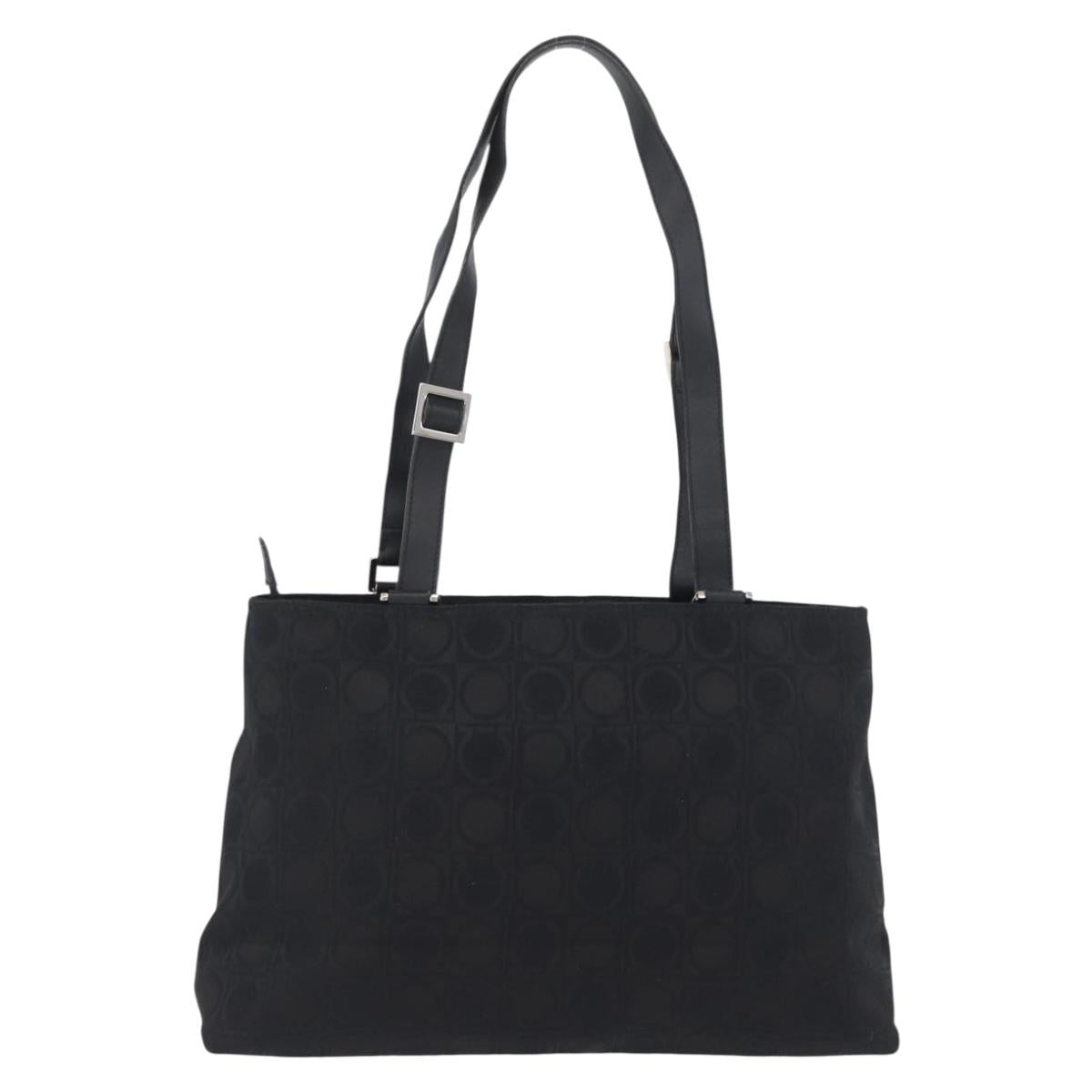 Salvatore Ferragamo Gancini Tote Bag Canvas Leather Black Silver Auth BA11046