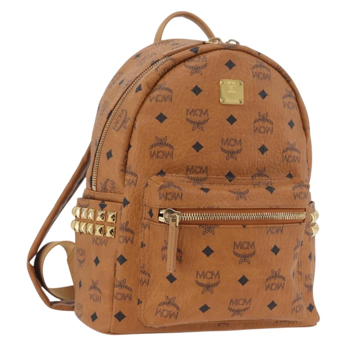 MCM Vicetos Logogram Backpack PVC Leather Brown Gold Auth BA11051