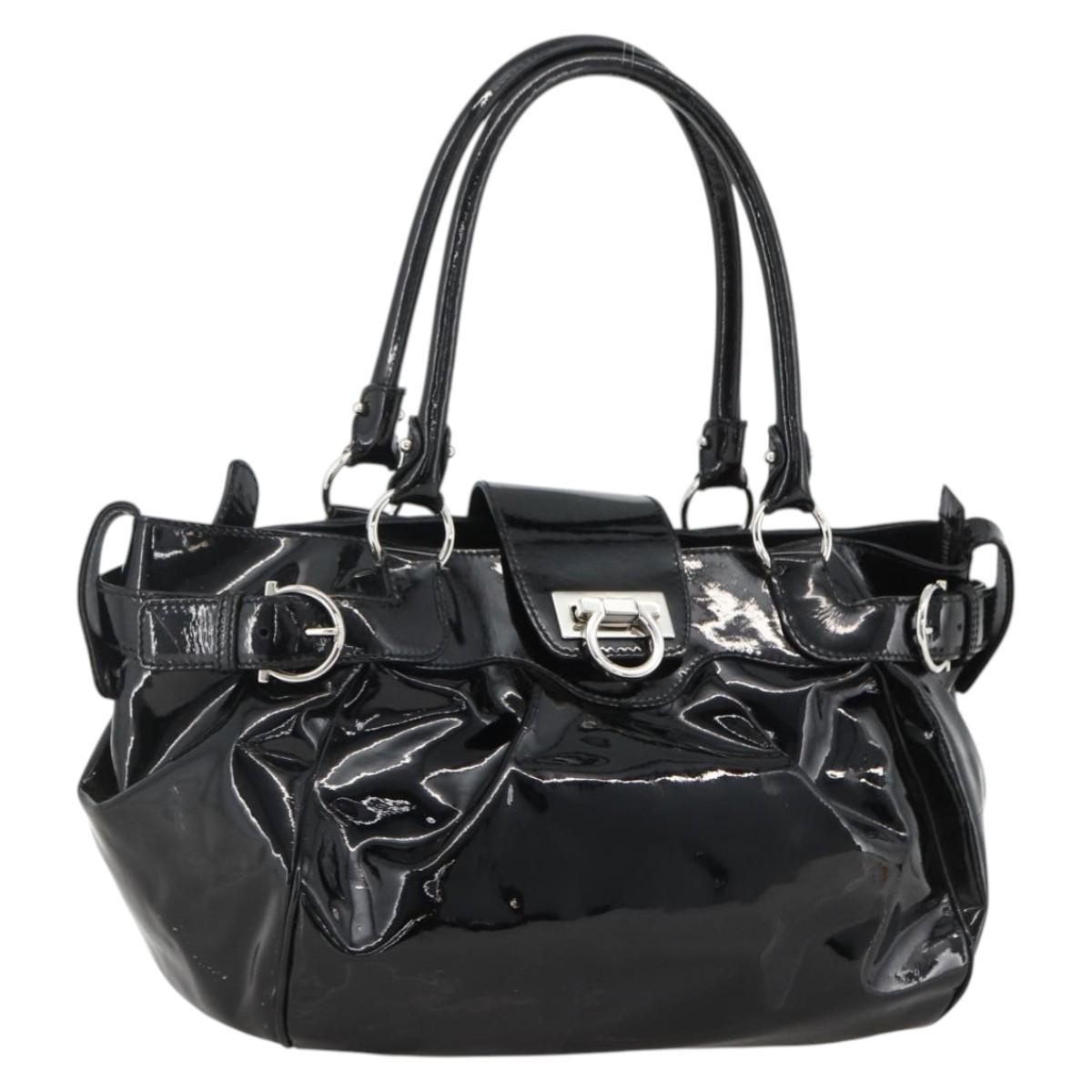 Salvatore Ferragamo Gancini Hand Bag Patent leather Black Silver Auth BA11053