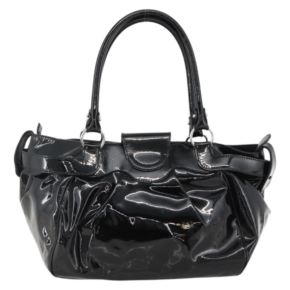 Salvatore Ferragamo Gancini Hand Bag Patent leather Black Silver Auth BA11053