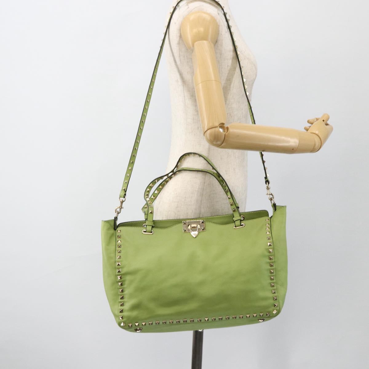 VALENTINO Rock Studs Tote Bag Leather Gold Light green Auth BA11057