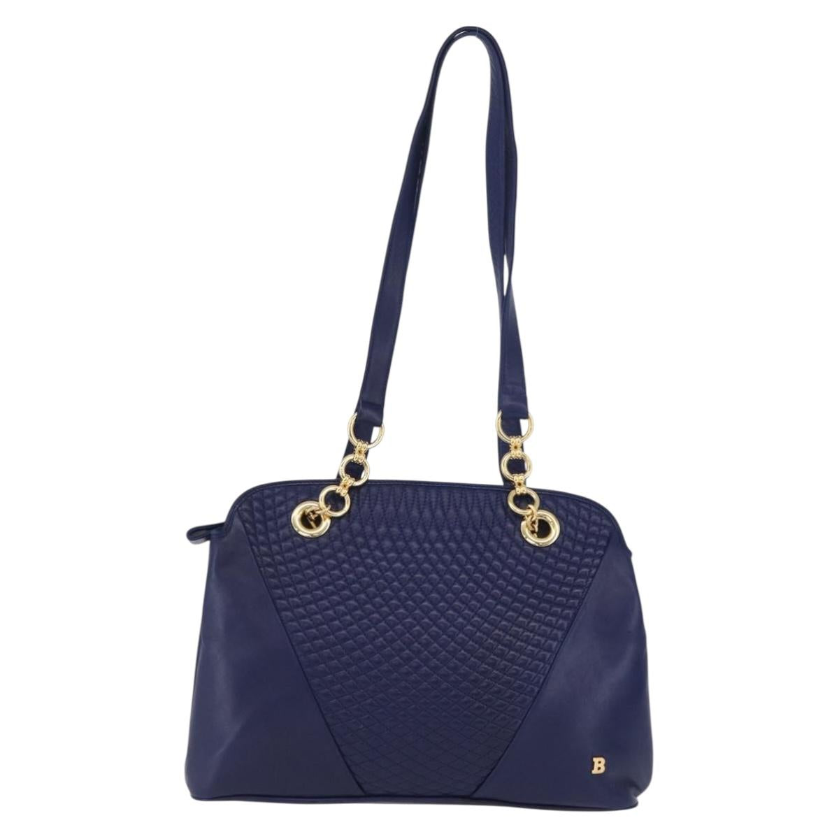 BALLY Quilted Chain Shoulder Bag Leather Blue Gold Auth BA11081