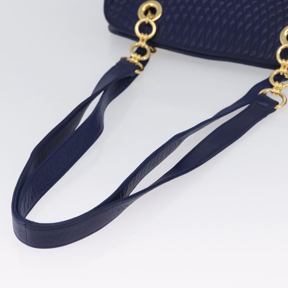 BALLY Quilted Chain Shoulder Bag Leather Blue Gold Auth BA11081