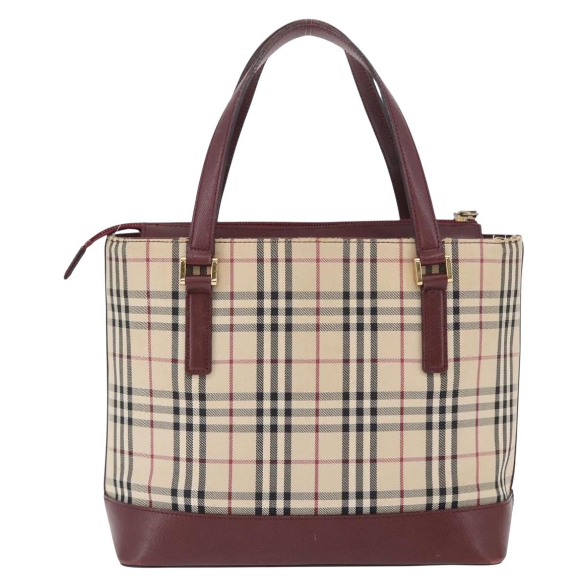 BURBERRY Nova Check Hand Bag Canvas Beige Red gold Auth BA11091
