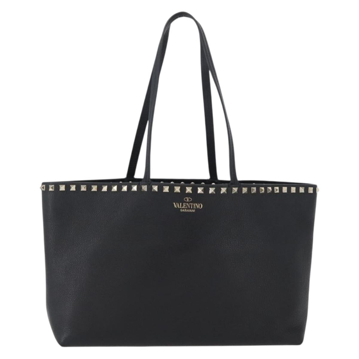 VALENTINO Rock Studs Tote Bag Leather Black Silver Auth BA11109