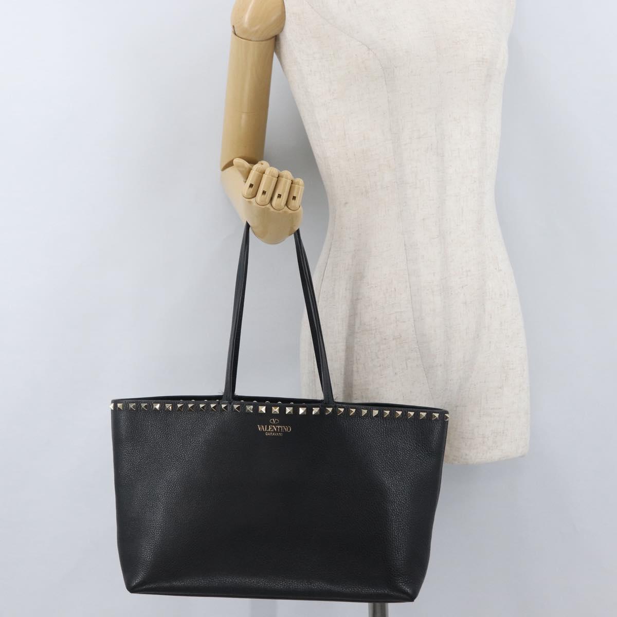 VALENTINO Rock Studs Tote Bag Leather Black Silver Auth BA11109