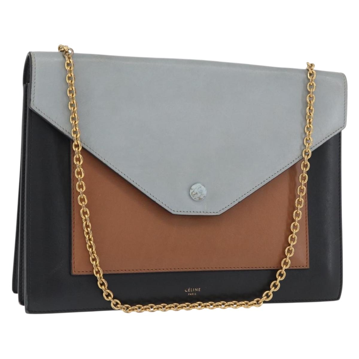 CELINE Large Flap Chain Shoulder Bag Leather Multicolor Gold Auth BA11111