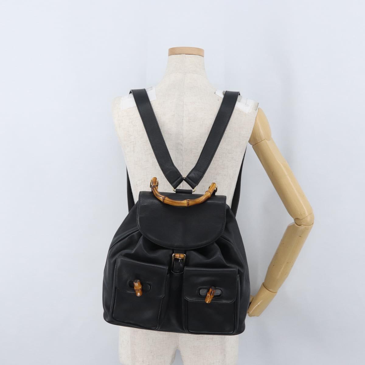 GUCCI Bamboo Backpack Leather Black Gold 003 2058 0016 Auth BA11115