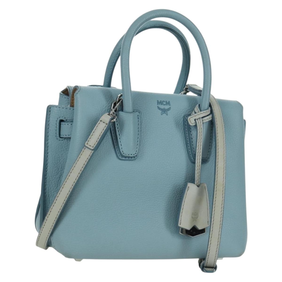 MCM Hand Bag Leather 2way Light Blue Silver Auth BA11118V