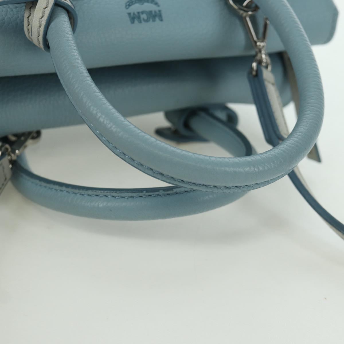 MCM Hand Bag Leather 2way Light Blue Silver Auth BA11118V
