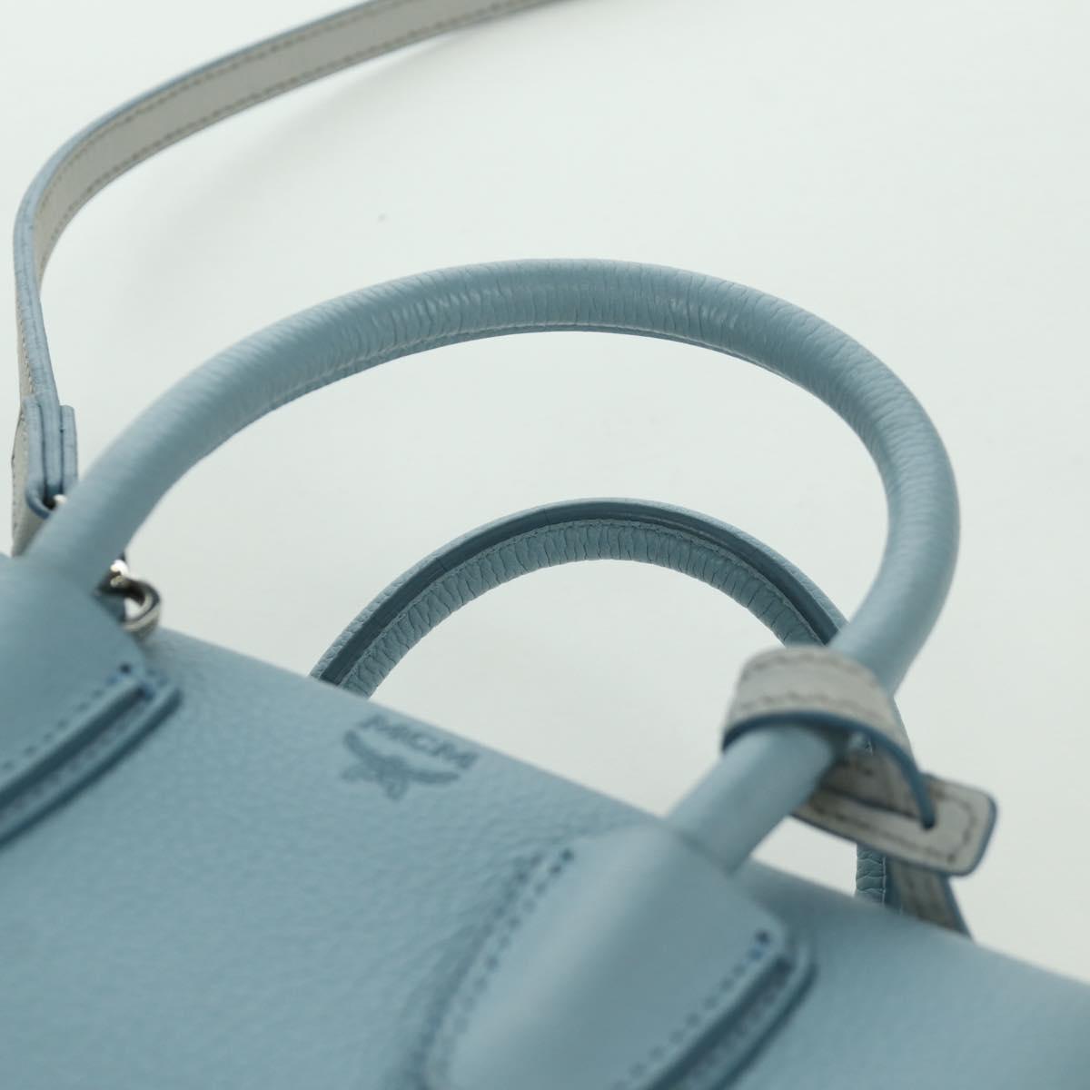 MCM Hand Bag Leather 2way Light Blue Silver Auth BA11118V