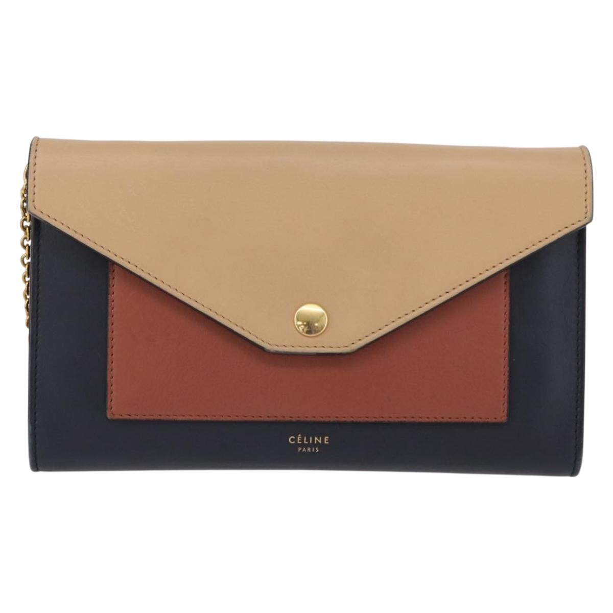 CELINE Trifold Wallet Chain Bag Leather Multicolor Gold Auth BA11127