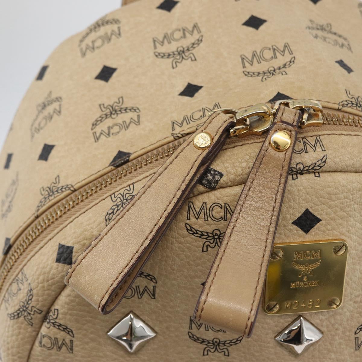 MCM Logogram Vicetos Backpack PVC Leather Beige Gold Silver Auth BA11136
