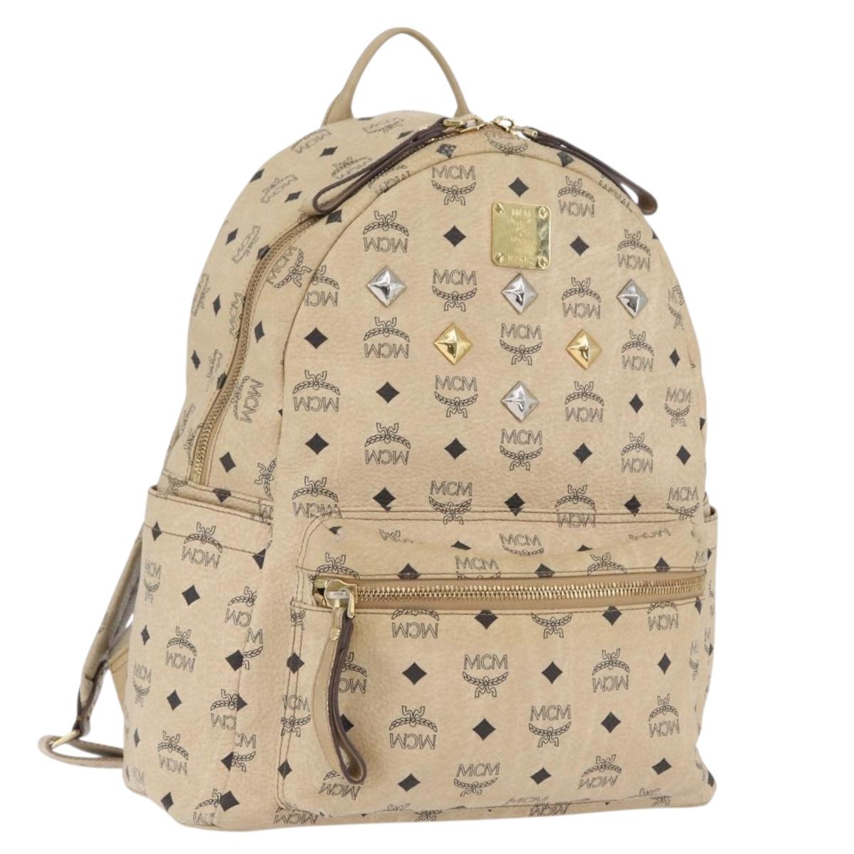 MCM Logogram Vicetos Backpack PVC Leather Beige Gold Silver Auth BA11136