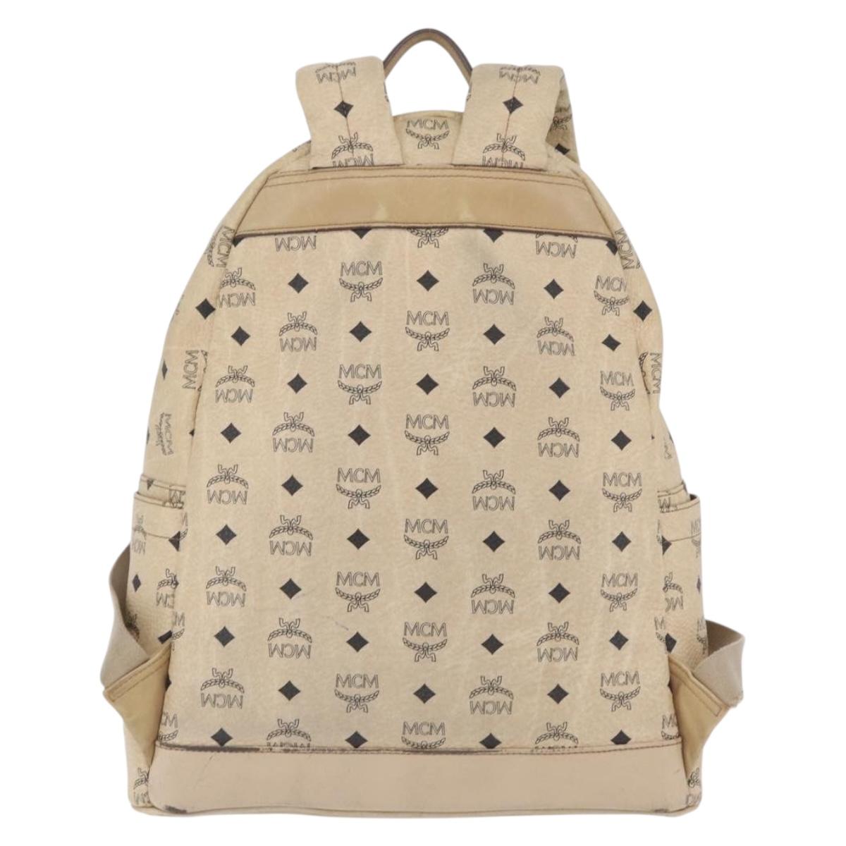 MCM Logogram Vicetos Backpack PVC Leather Beige Gold Silver Auth BA11136
