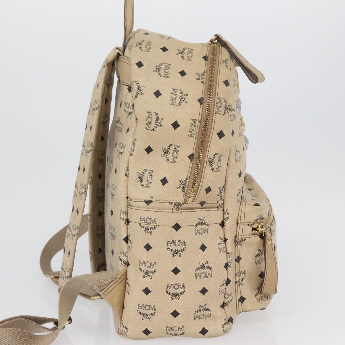 MCM Logogram Vicetos Backpack PVC Leather Beige Gold Silver Auth BA11136