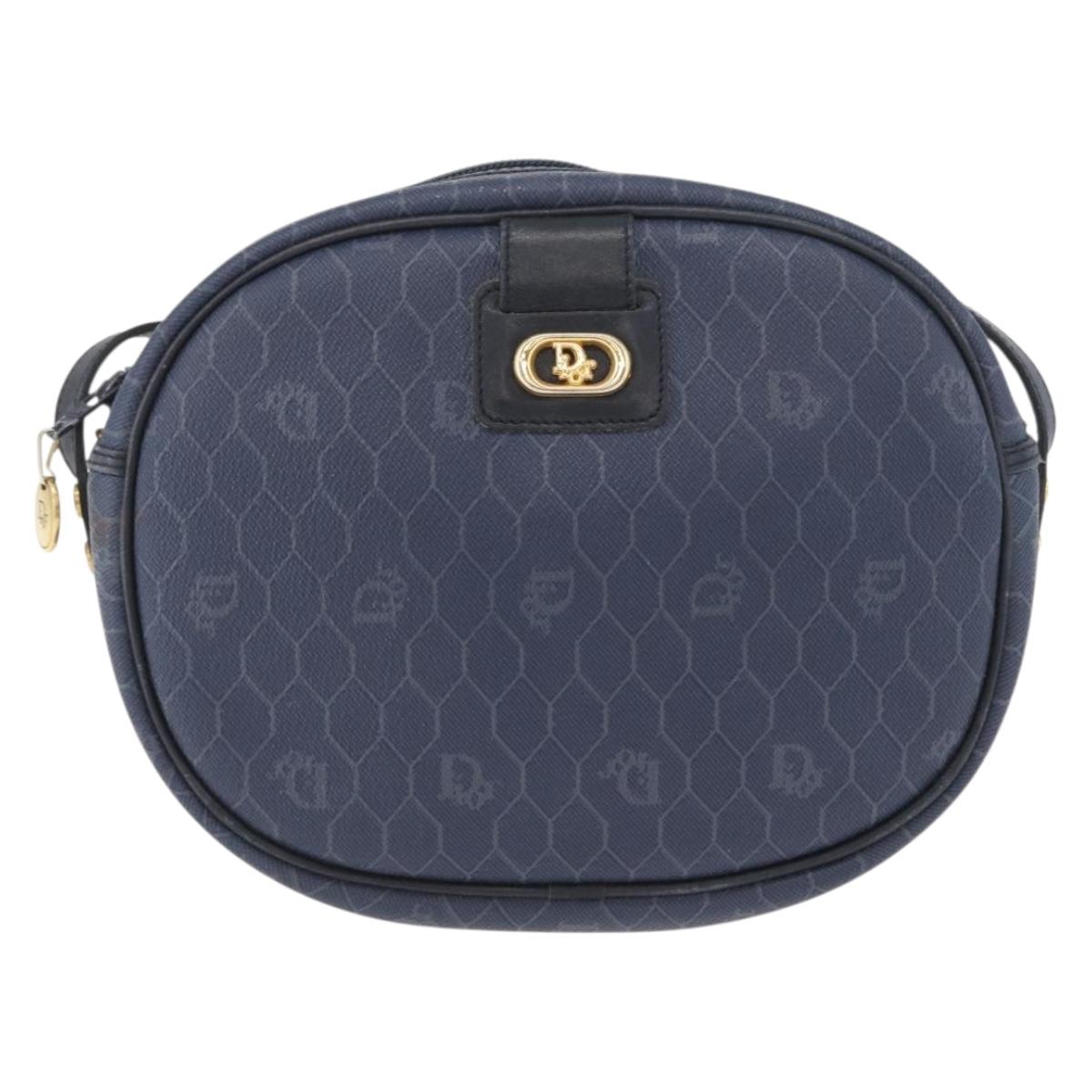 Christian Dior Honeycomb Canvas Shoulder Bag PVC Navy Gold Auth BA11145