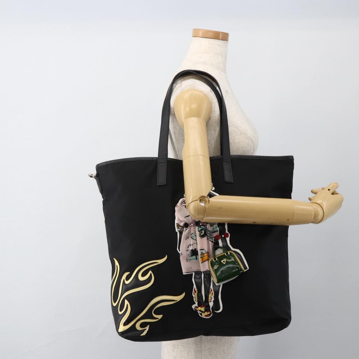 PRADA Tote Bag Nylon Black Silver Auth BA11146V