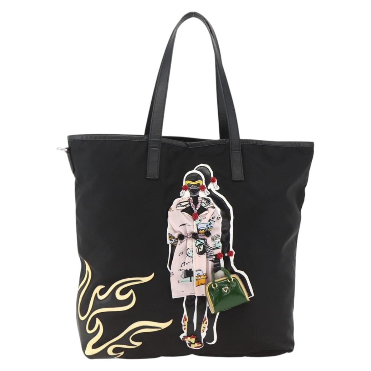 PRADA Tote Bag Nylon Black Silver Auth BA11146V