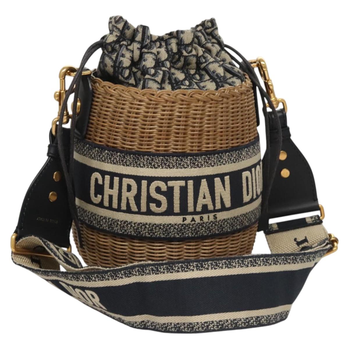 Christian Dior Oblique Wicker Shoulder Bag Rattan Navy Brown gold Auth BA1114AM