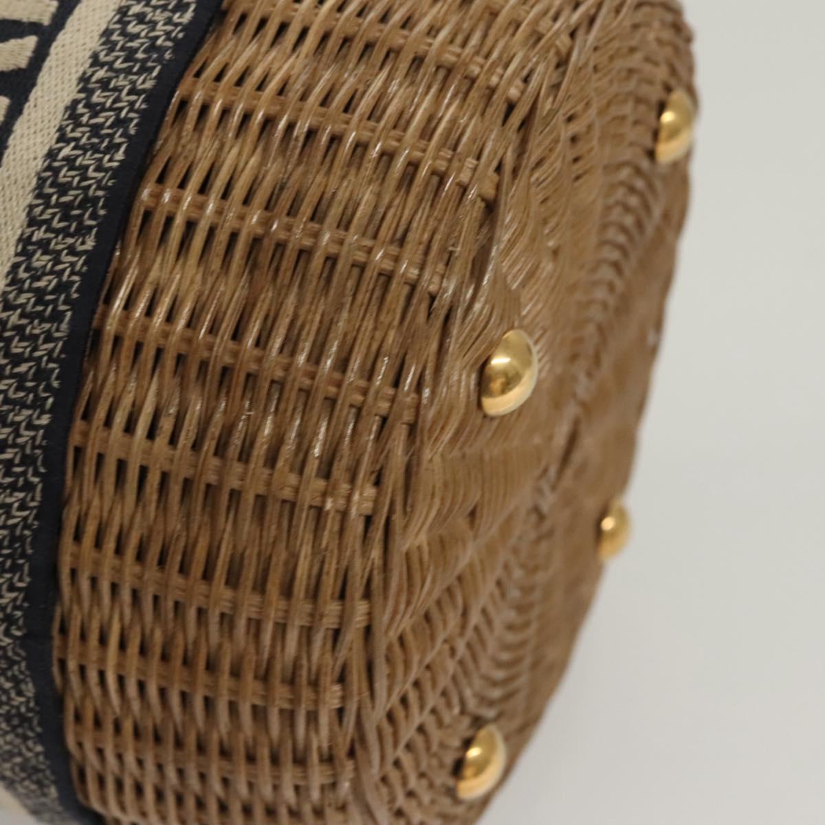 Christian Dior Oblique Wicker Shoulder Bag Rattan Navy Brown gold Auth BA1114SAM
