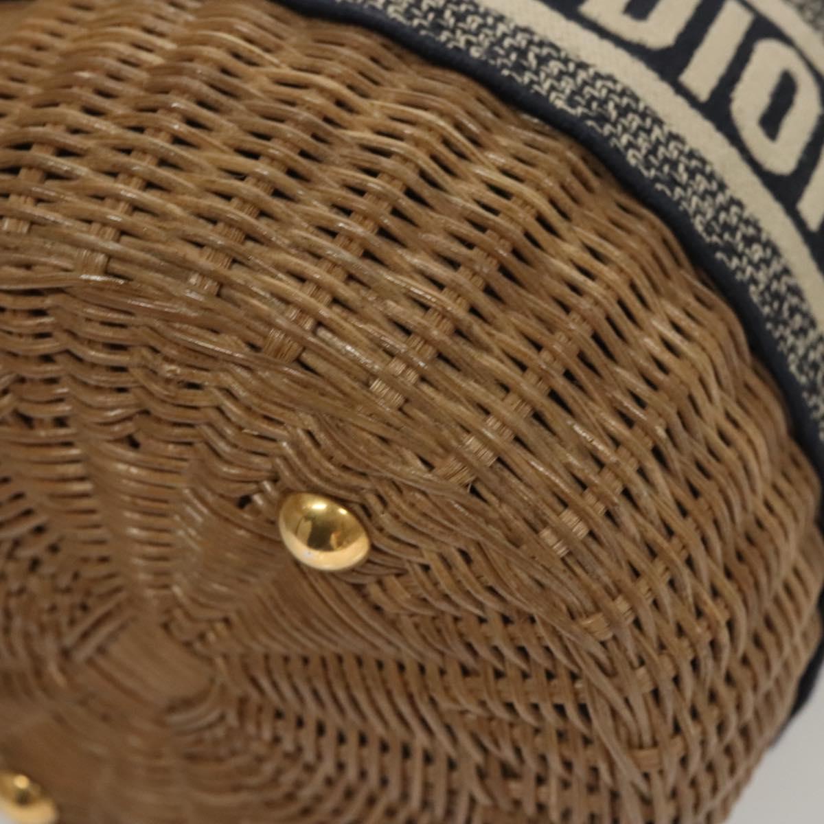 Christian Dior Oblique Wicker Shoulder Bag Rattan Navy Brown gold Auth BA1114AM