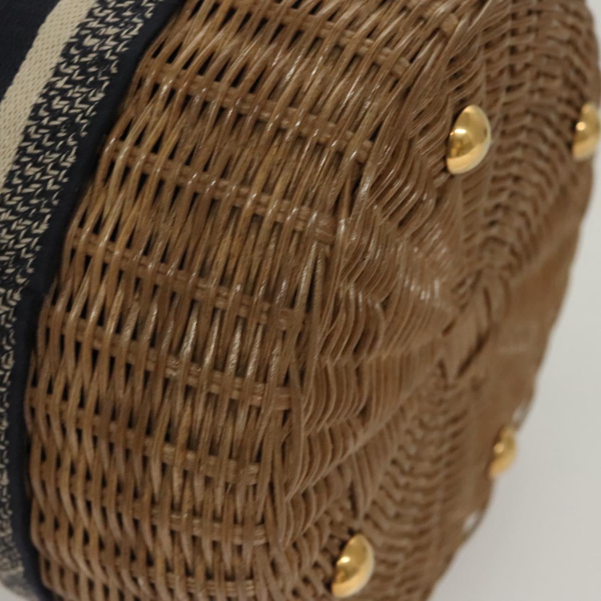 Christian Dior Oblique Wicker Shoulder Bag Rattan Navy Brown gold Auth BA1114SAM